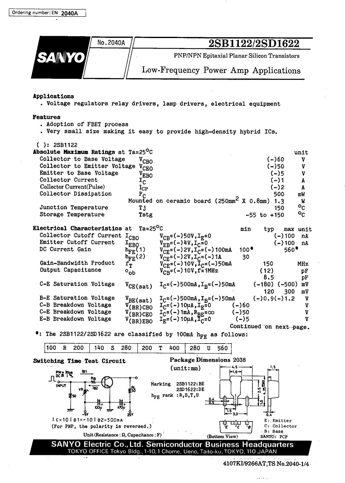 SANYO 2SD1622, 2SB1122 Datasheet