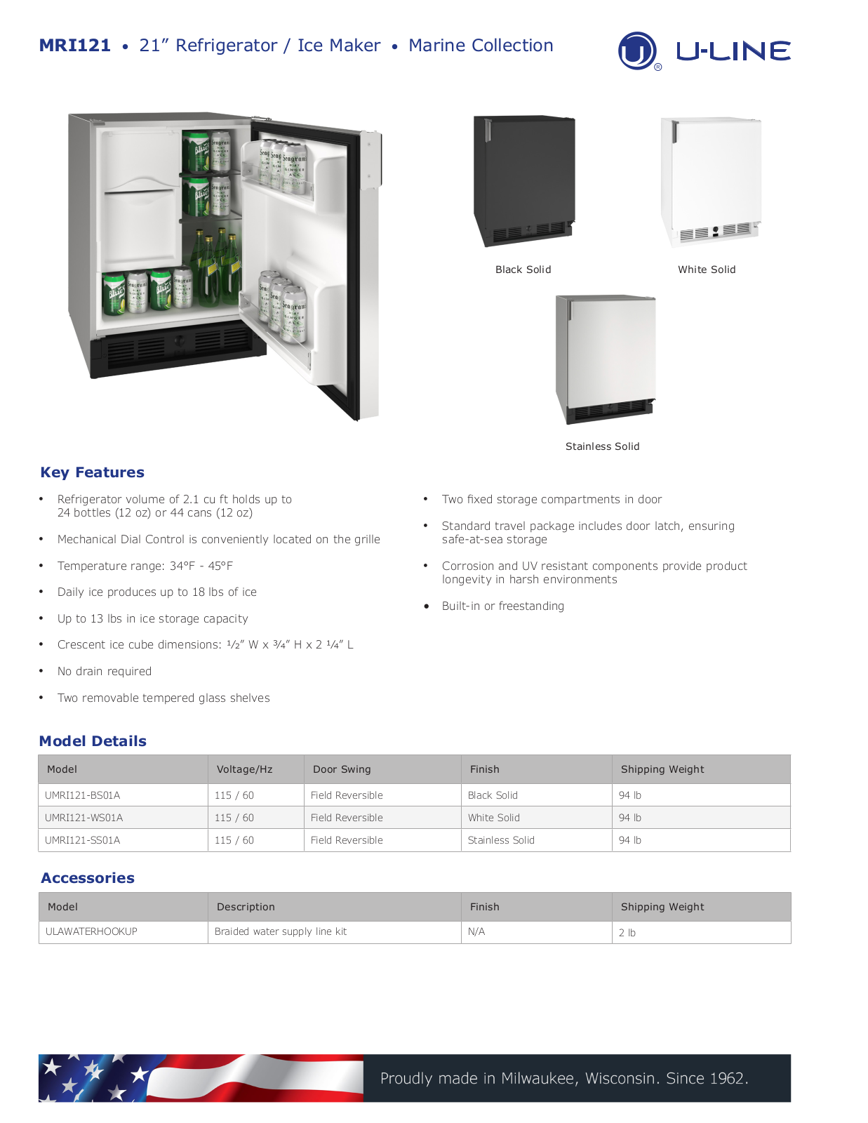 U-Line UMRI121SS01A, UMRI121WS01A, UMRI121BS01A PRODUCT SPECIFICATIONS