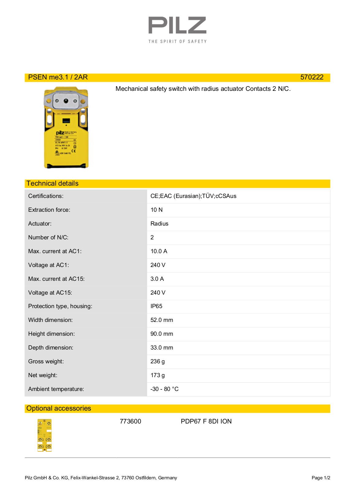 Pilz 570222 Data Sheet