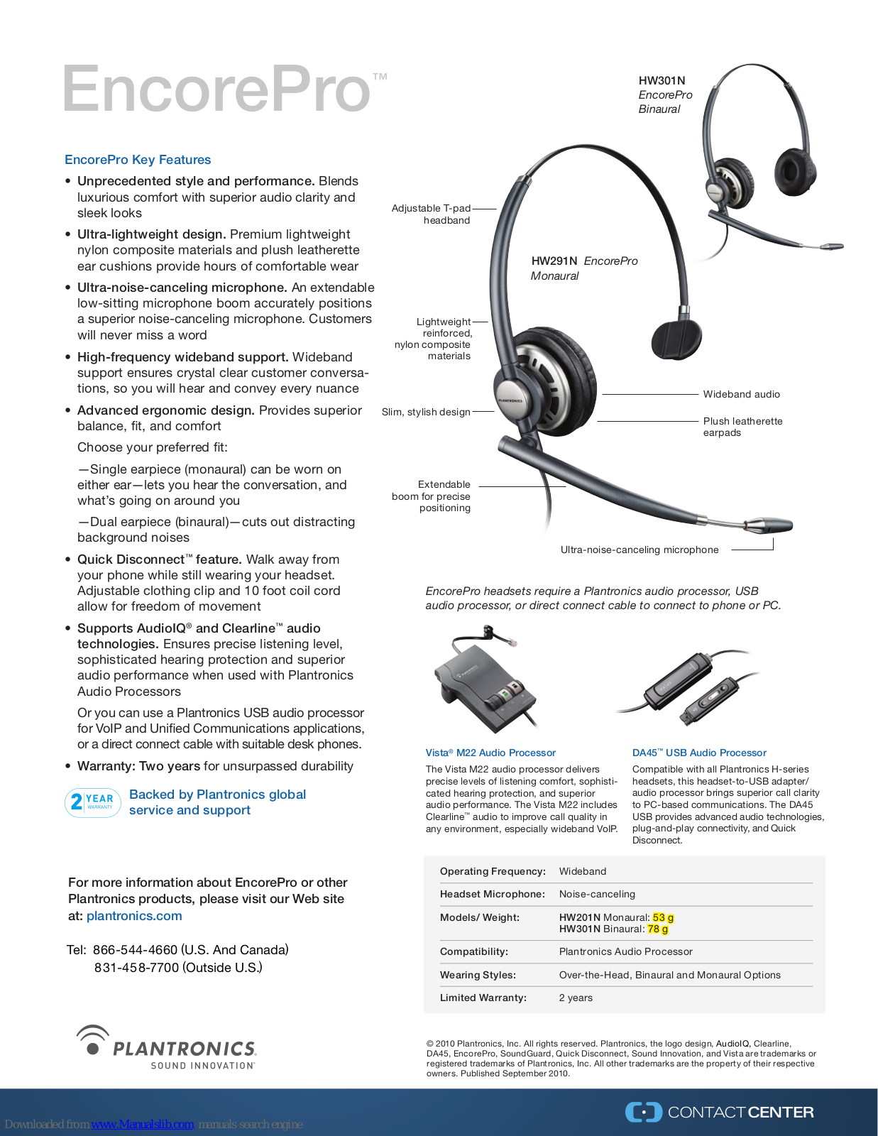 Plantronics EncorePro, EncorePro HW301N, EncorePro HW291N Specifications