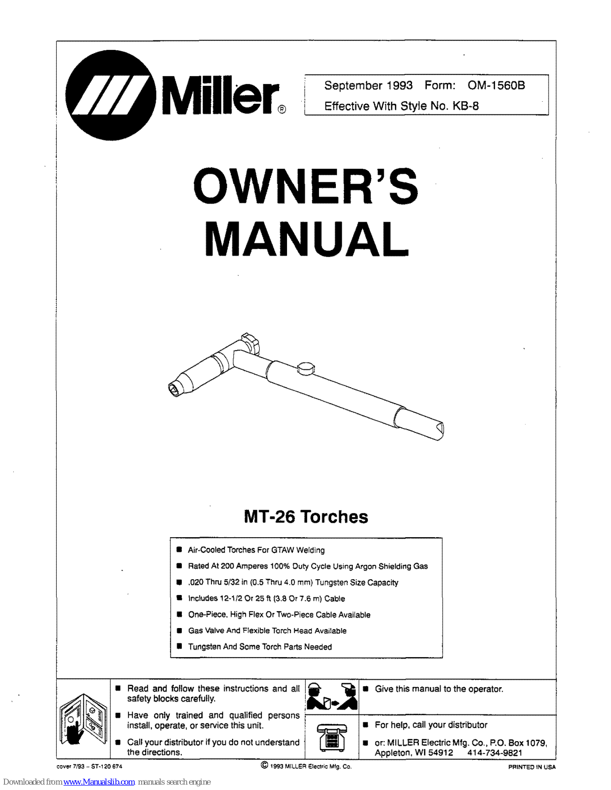 Miller Electric MT-26 Torches, MT-26 Owner's Manual