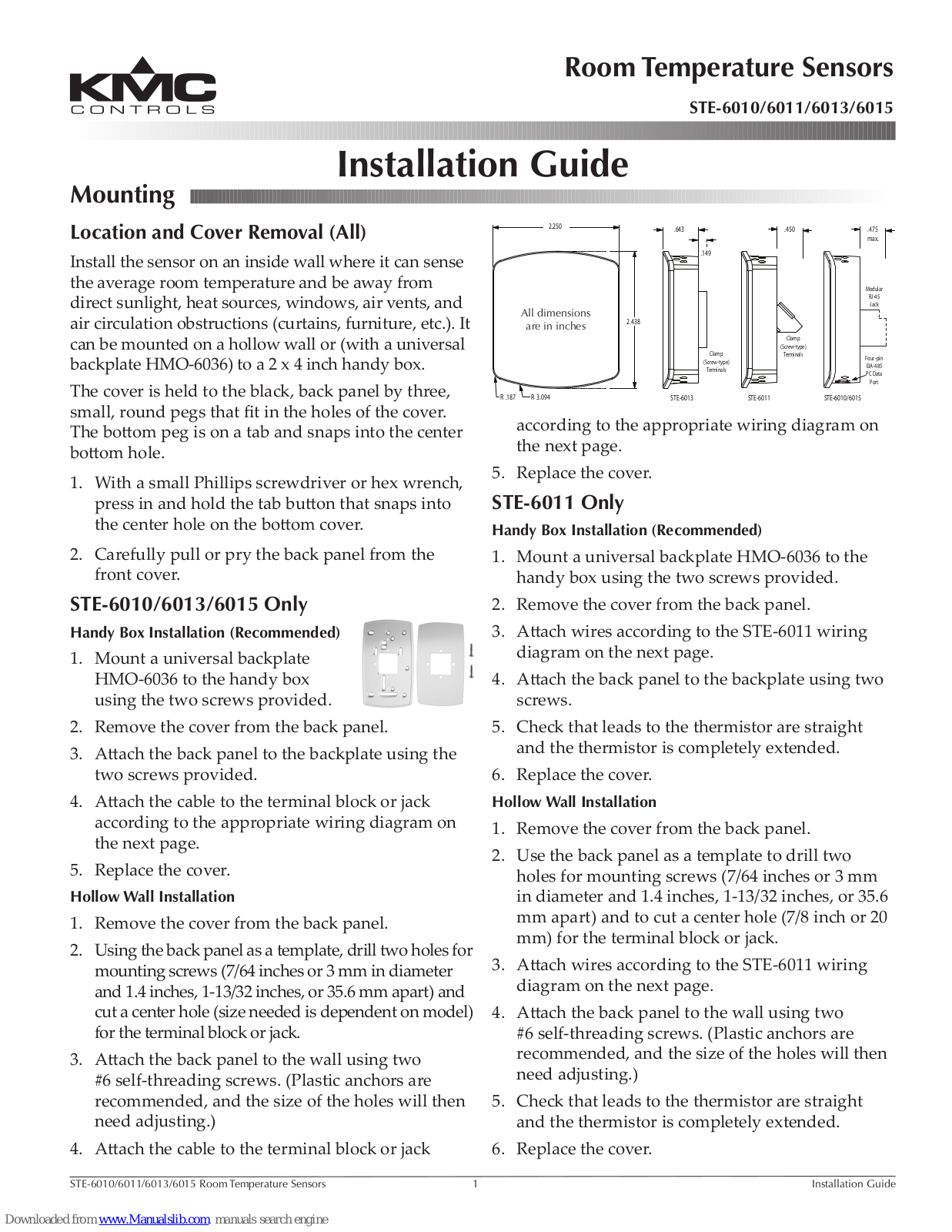 KMC Controls STE-6010-10, STE-6011-10, STE-6013-10, STE-6015-10 Installation Manual