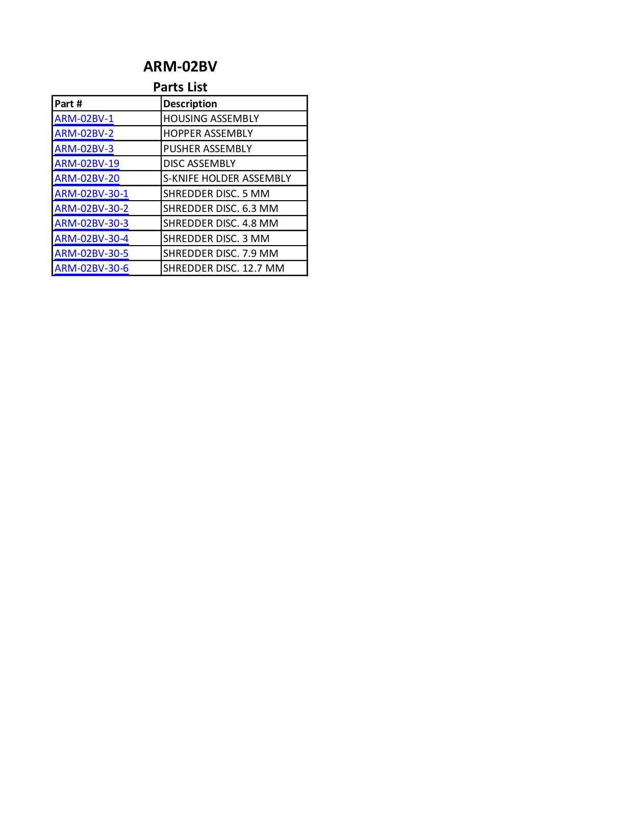 Thunderbird ARM-02BV Parts Manual