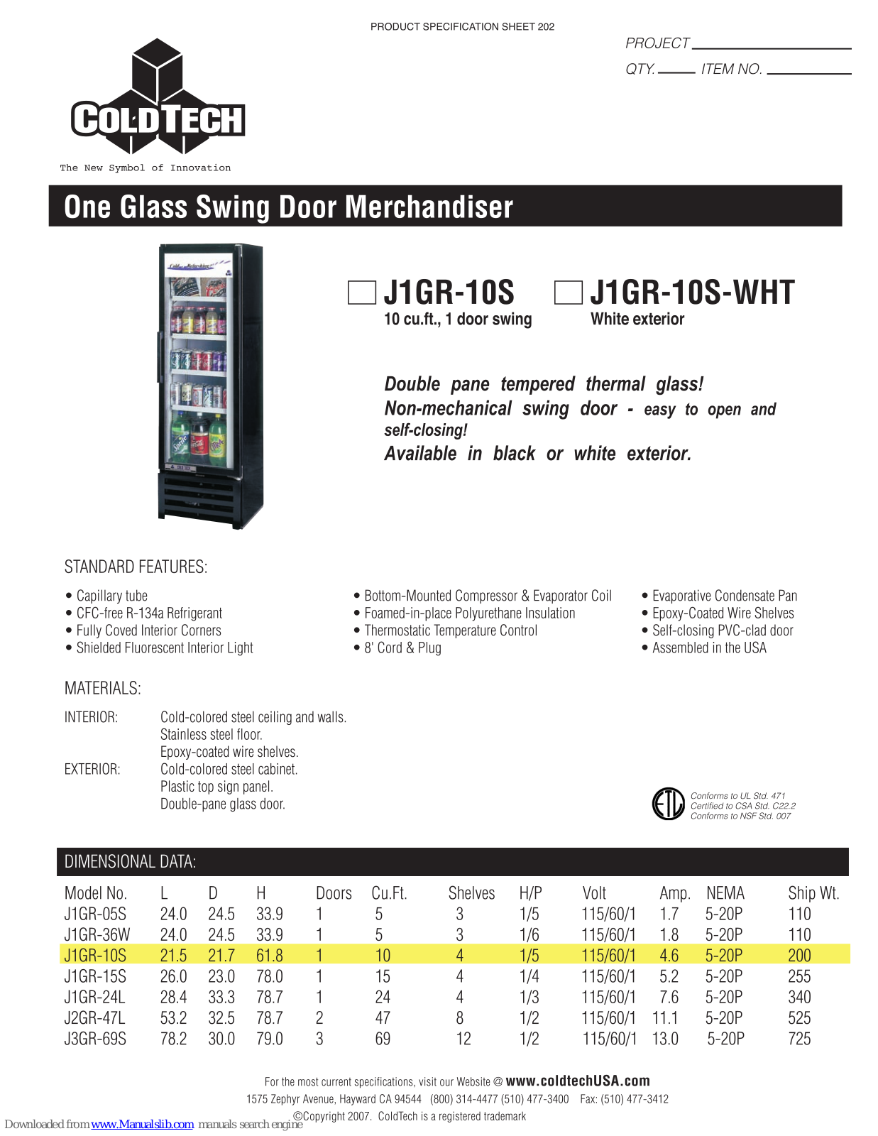 ColdTech J1GR-10S, J1GR-10S-WHT Specifications - ManualMachine.com
