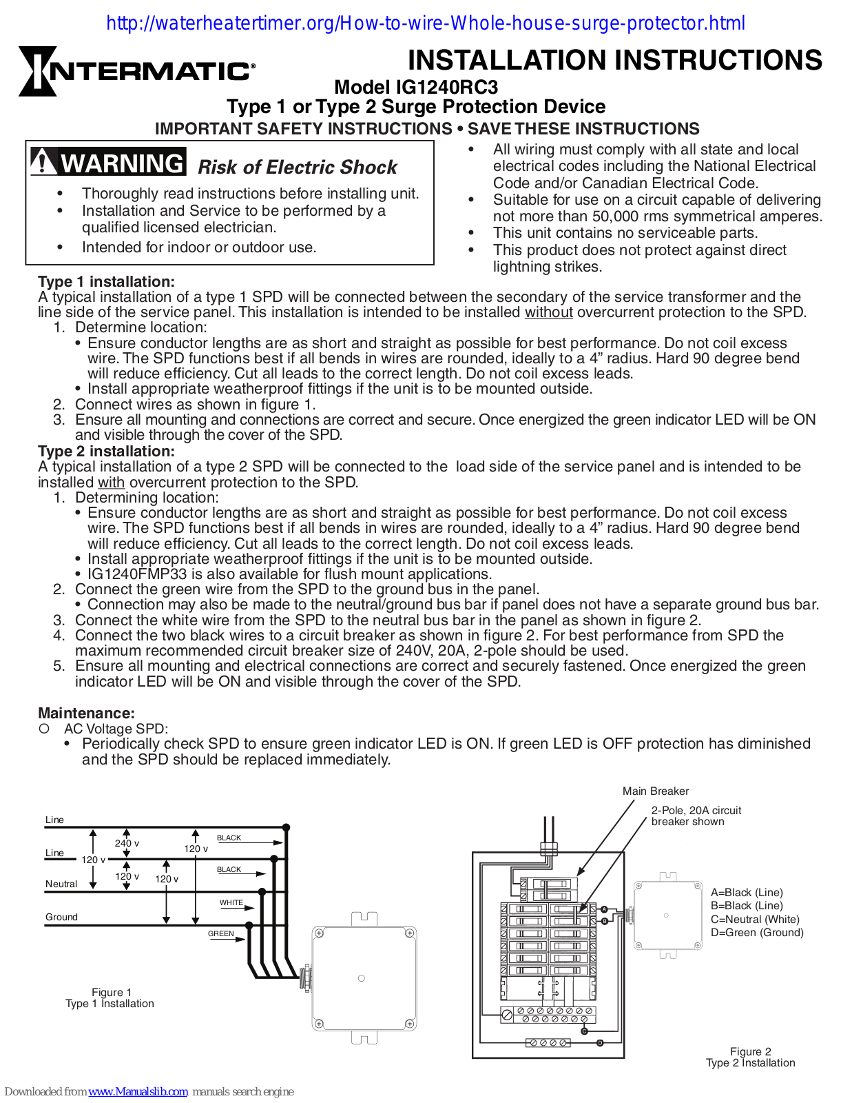 Intermatic IG1240RC3 Installation Instructions Manual