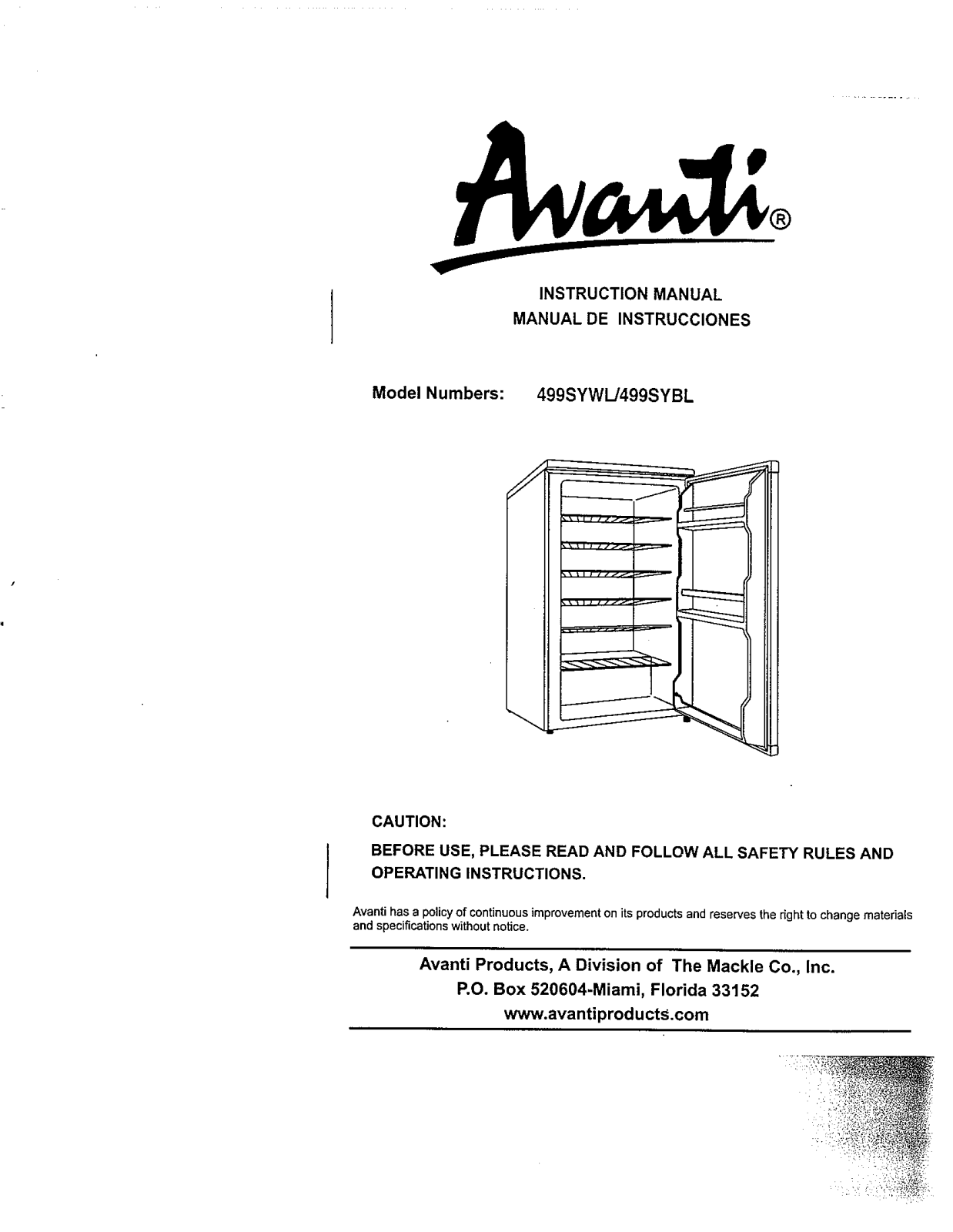 Avanti 499SYWL, 499SYBL User Manual