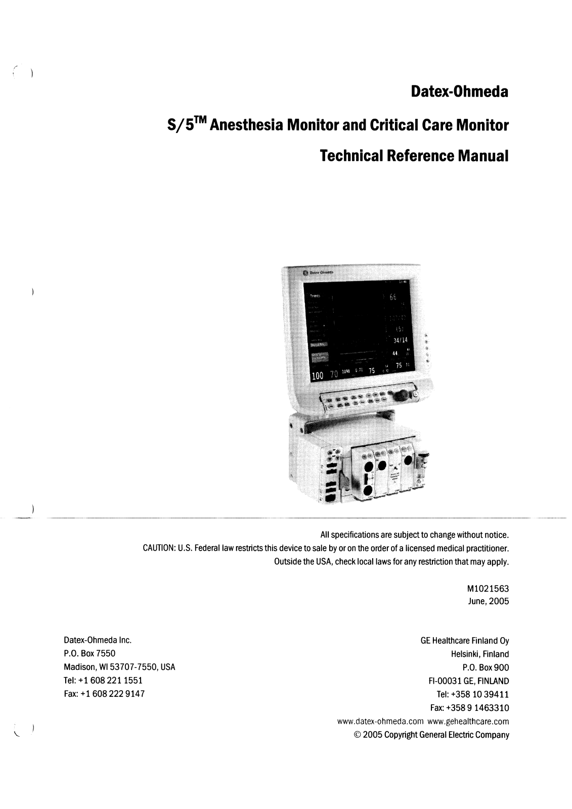 Datex-Ohmeda S-5 Anesthesia Monitor, S-5 Critical Care Monitor User manual