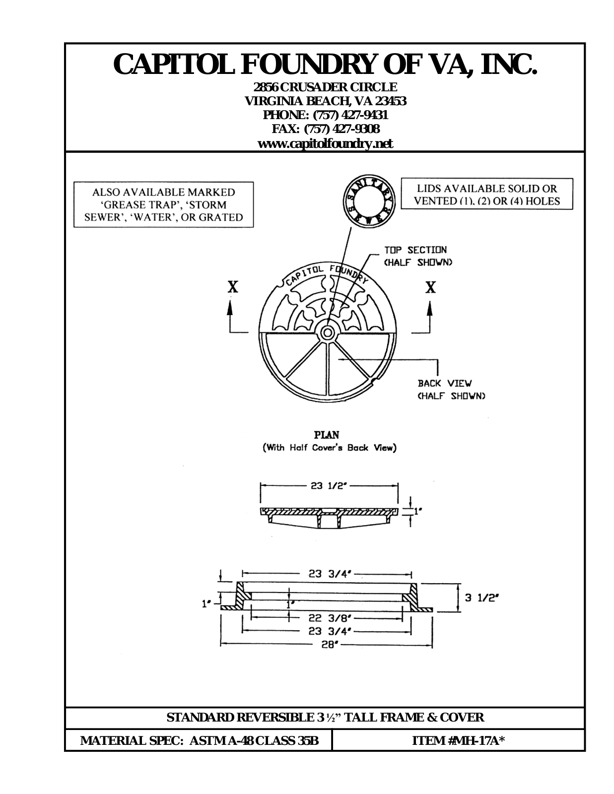 Capitol Foundry of Virginia Cast Iron Shallow Manhole Frame Technical data