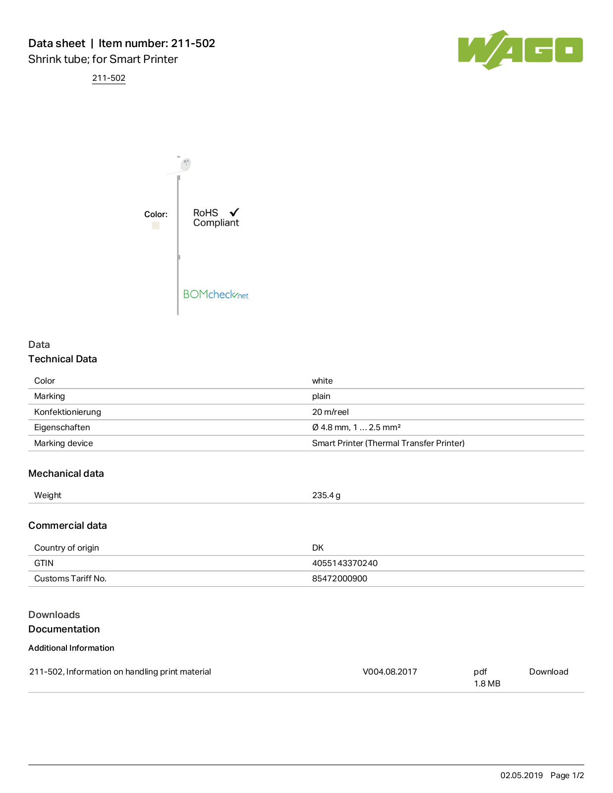 Wago 211-502 Data Sheet