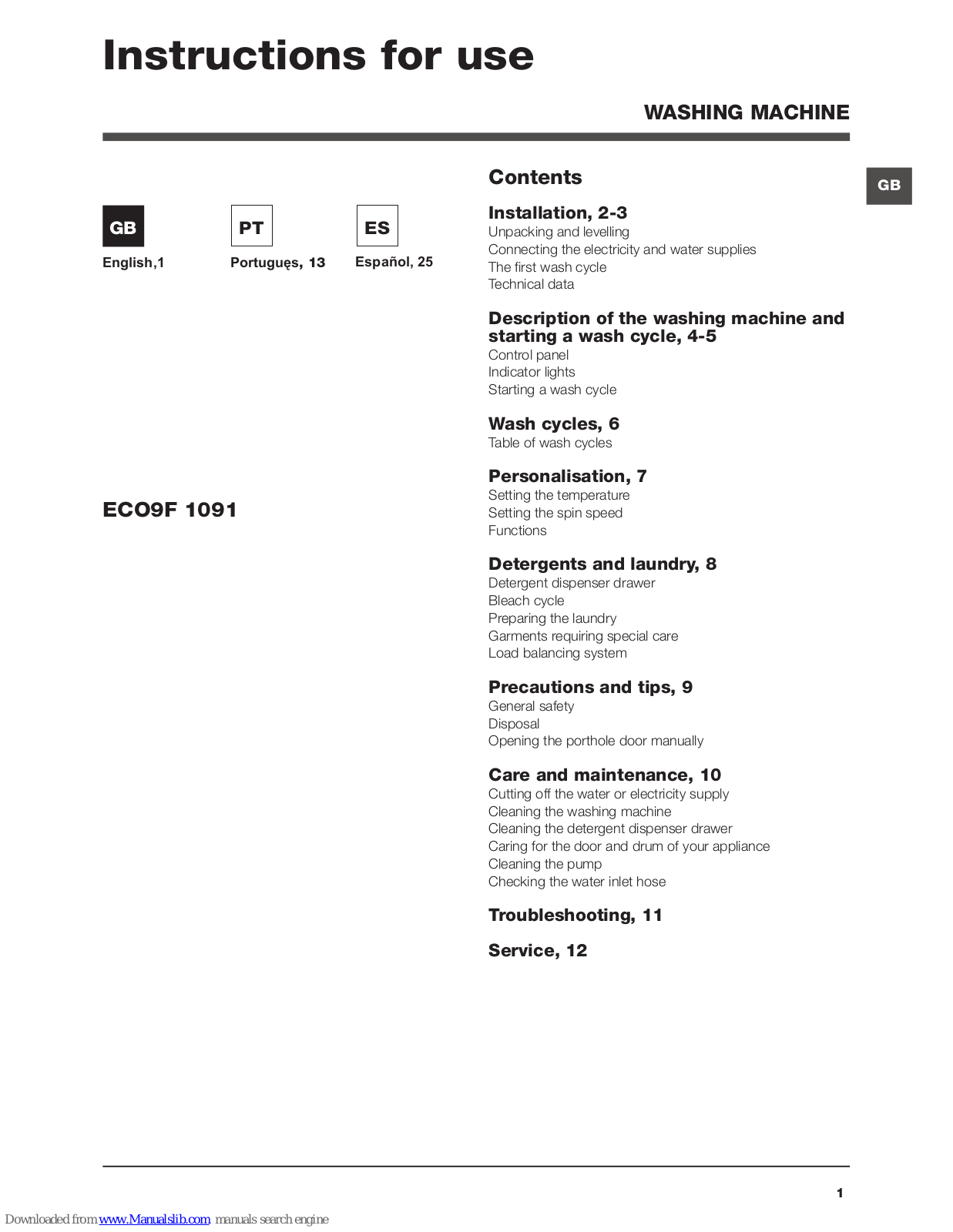 Hotpoint Ariston ECO9F 1091 Instructions For Use Manual