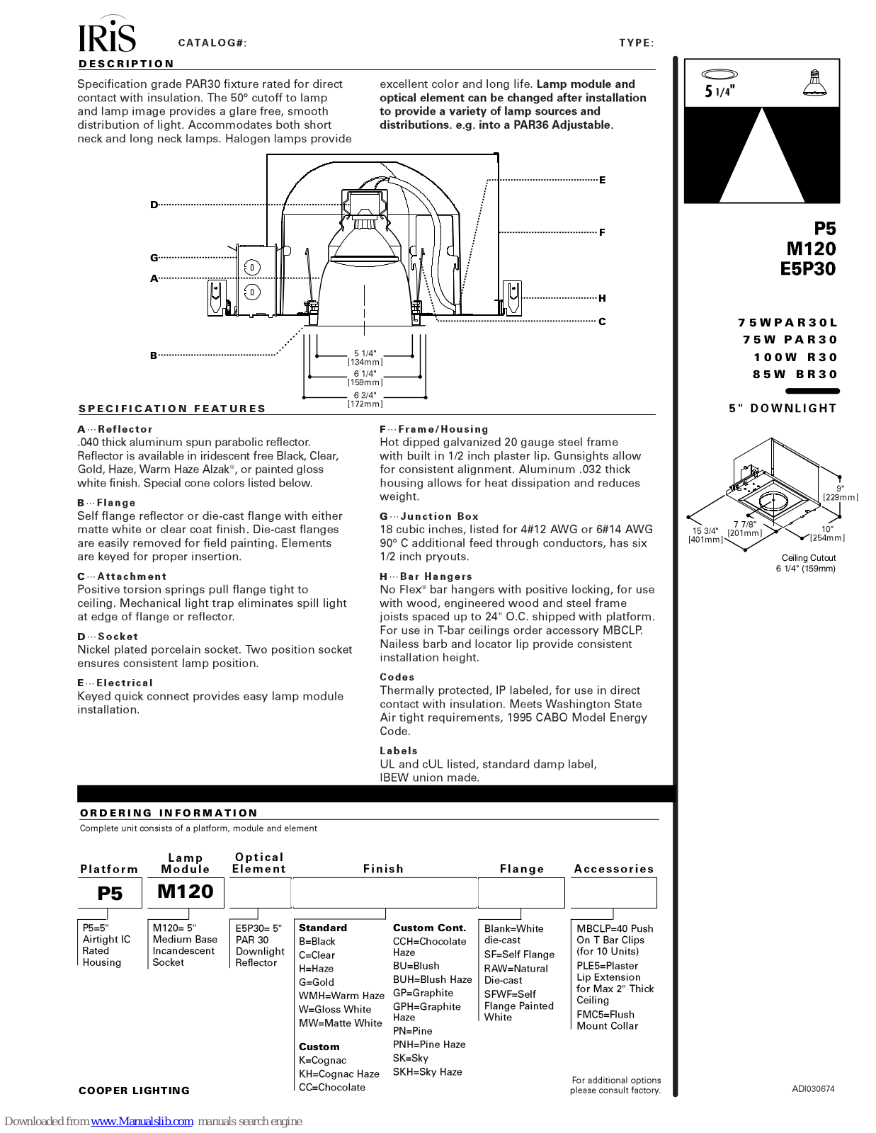 Cooper Lighting IRiS E5P30, IRiS P5-M120-ESP30C  Specification Sheet - ManualMachine.com