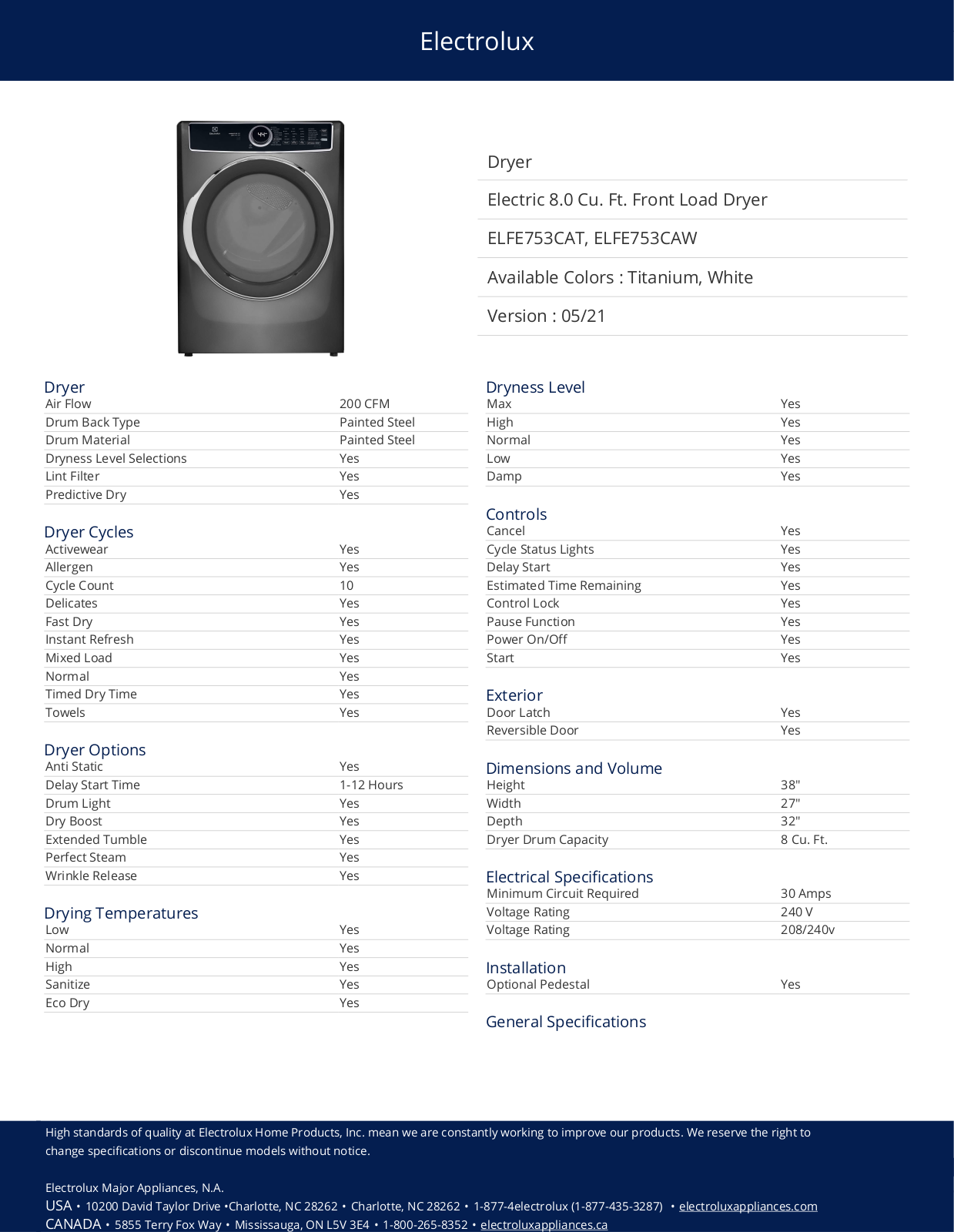 Electrolux ELFE753CAW, ELFE753CAT PRODUCT SPECIFICATIONS