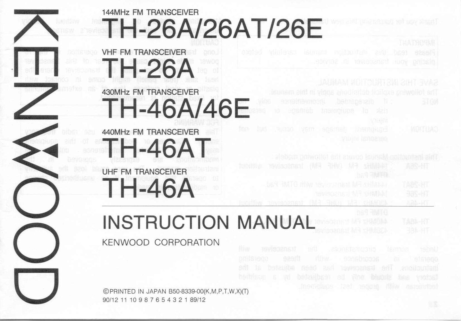 Kenwood TH-26AT, TH-66AT, TH-46A, TH-46E, TH-26E User Manual