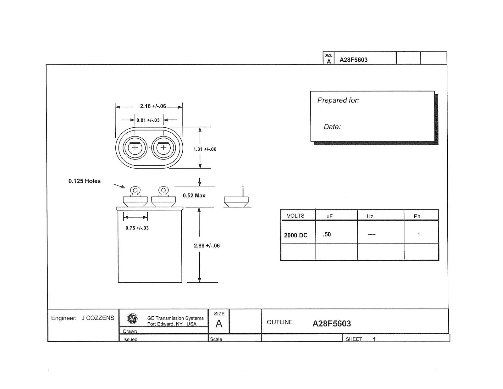 GE Capacitor A28F5603 Dimensional Sheet