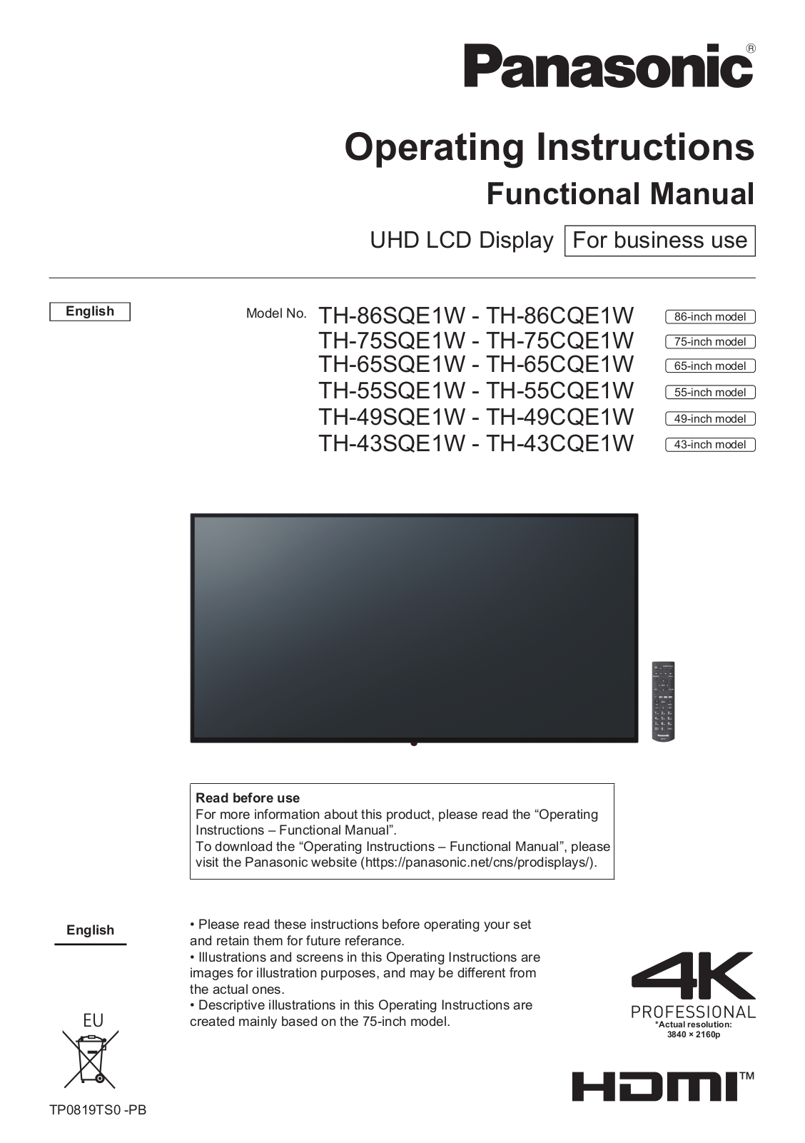 Panasonic TH-86SQE1W, TH-86CQE1W, TH-75SQE1W, TH-75CQE1W, TH-65SQE1W Operating Instructions