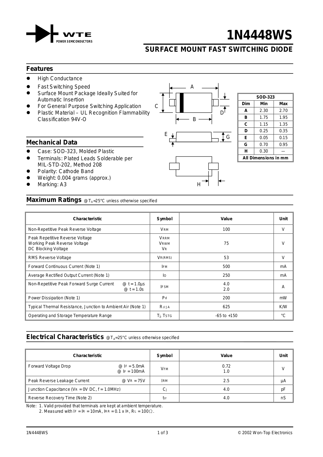 WTE 1N4448WS-T3, 1N4448WS-T1 Datasheet