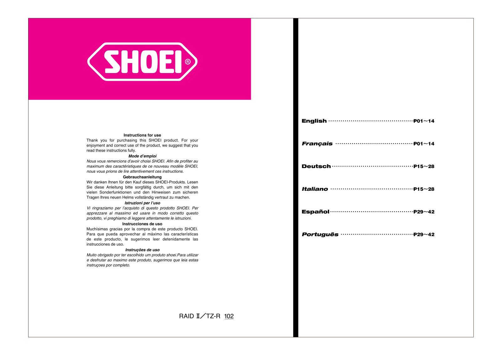 SHOEI Raid II User Manual