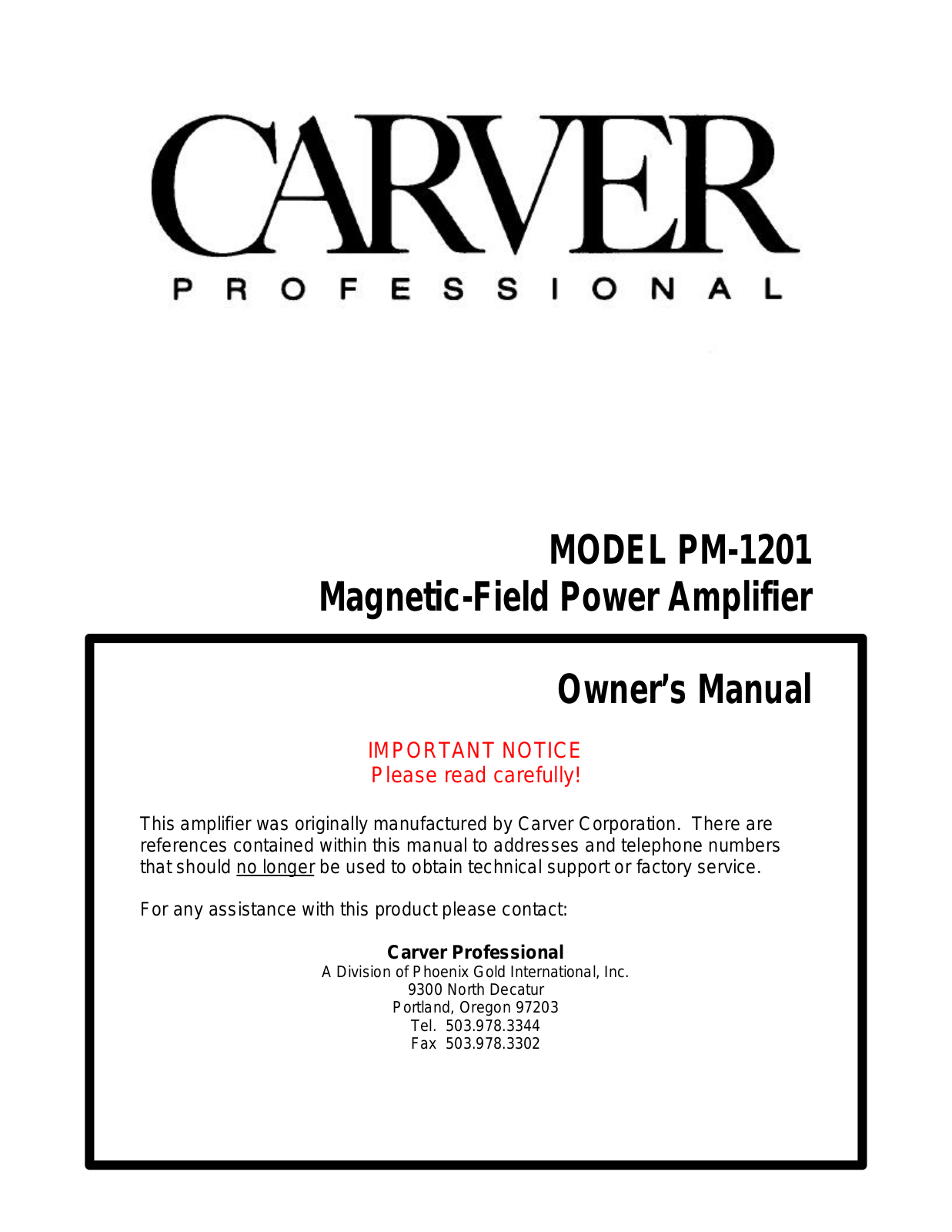 Carver PT-1201 Owners manual