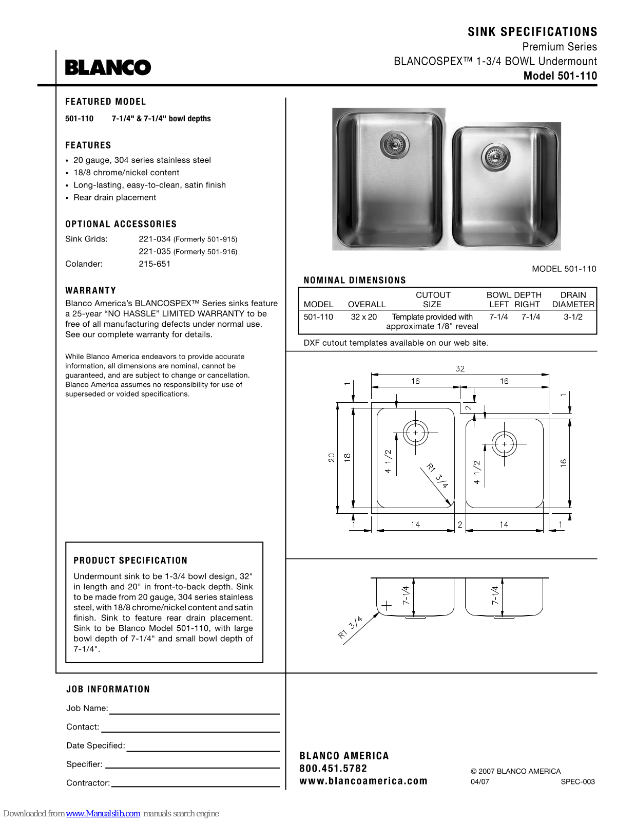 Blanco 501-110 Specification Sheet - ManualMachine.com