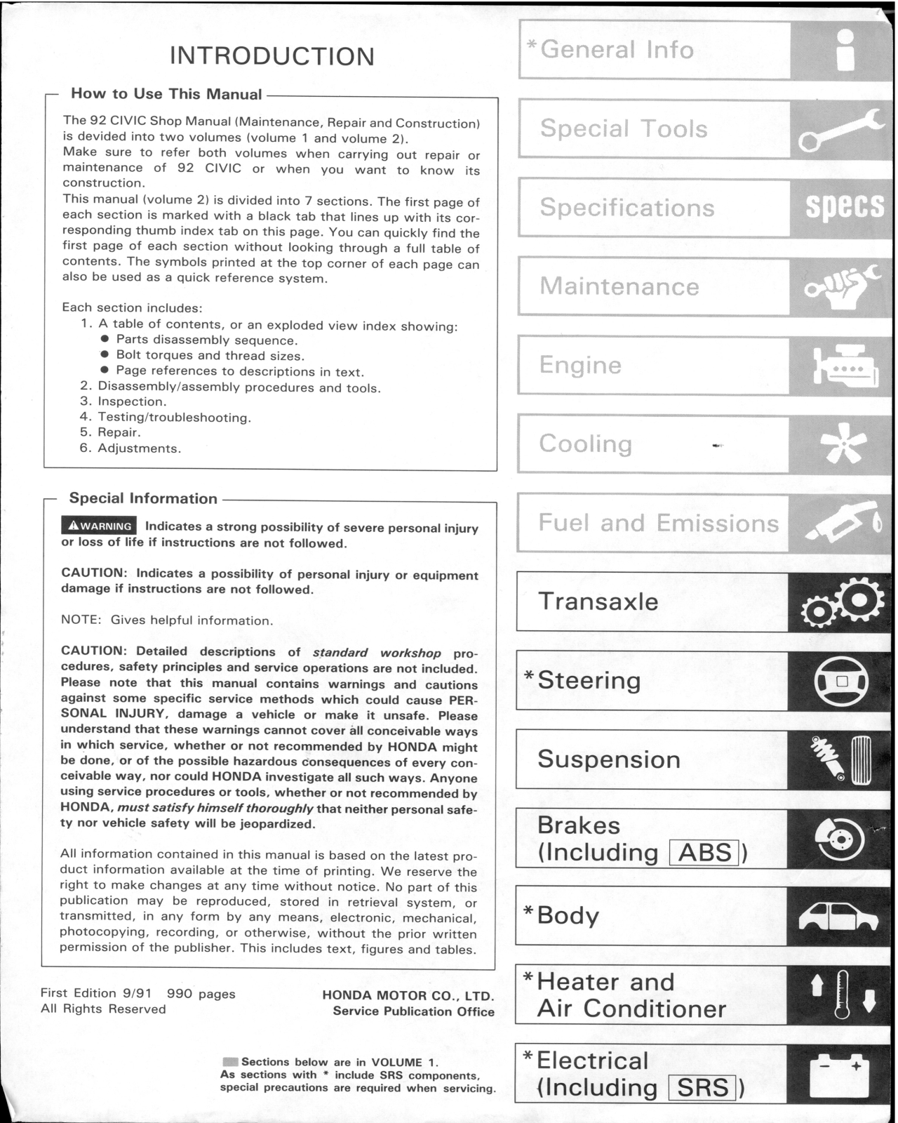 Honda Civic 1991 1995, Civic Sedan 1992 User Manual