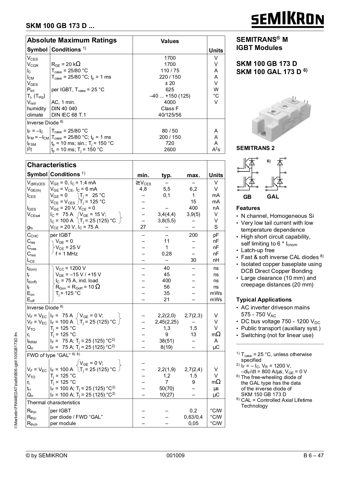 Semikron SKM100GB173D Data Sheet