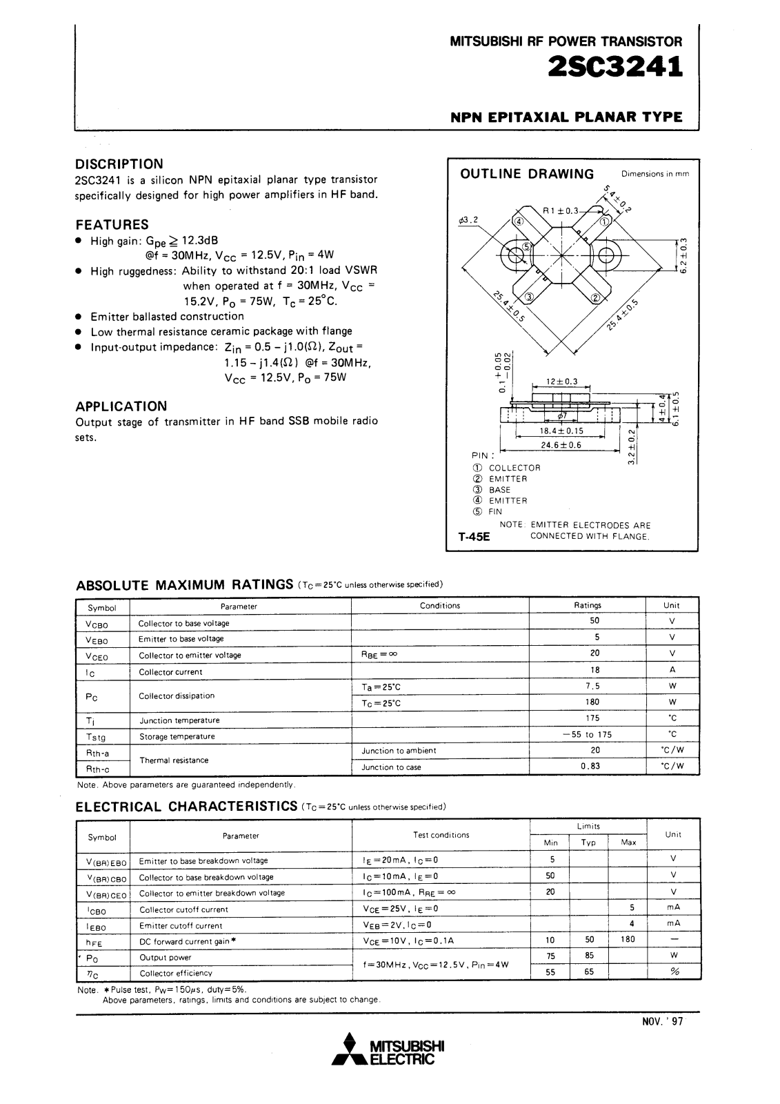 Mitsubishi Electric Corporation Semiconductor Group 2SC3241 Datasheet