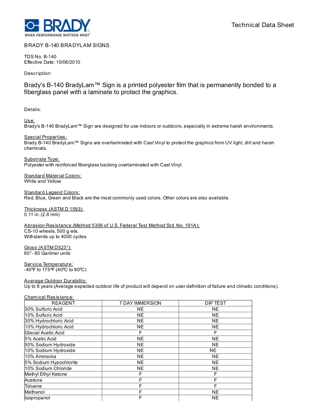 Brady B-140 Technical Data