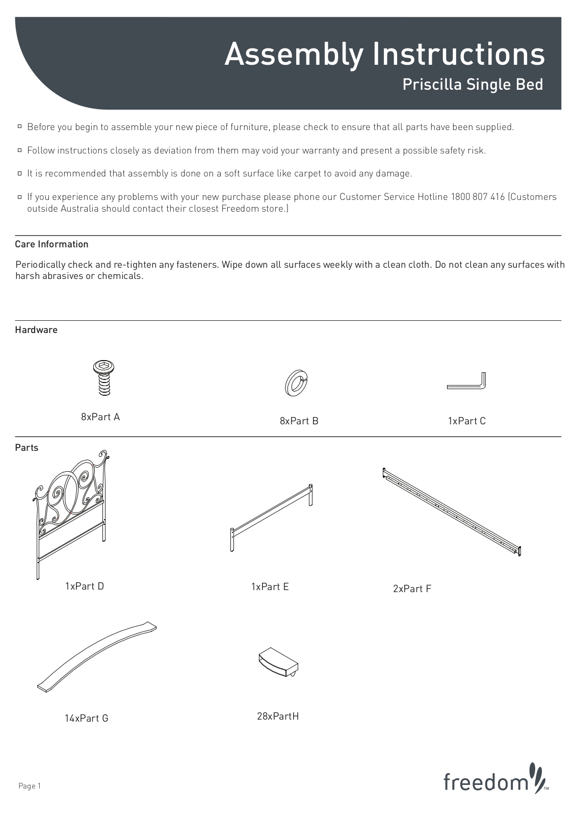 Freedom Priscilla Single Bed Assembly Instruction