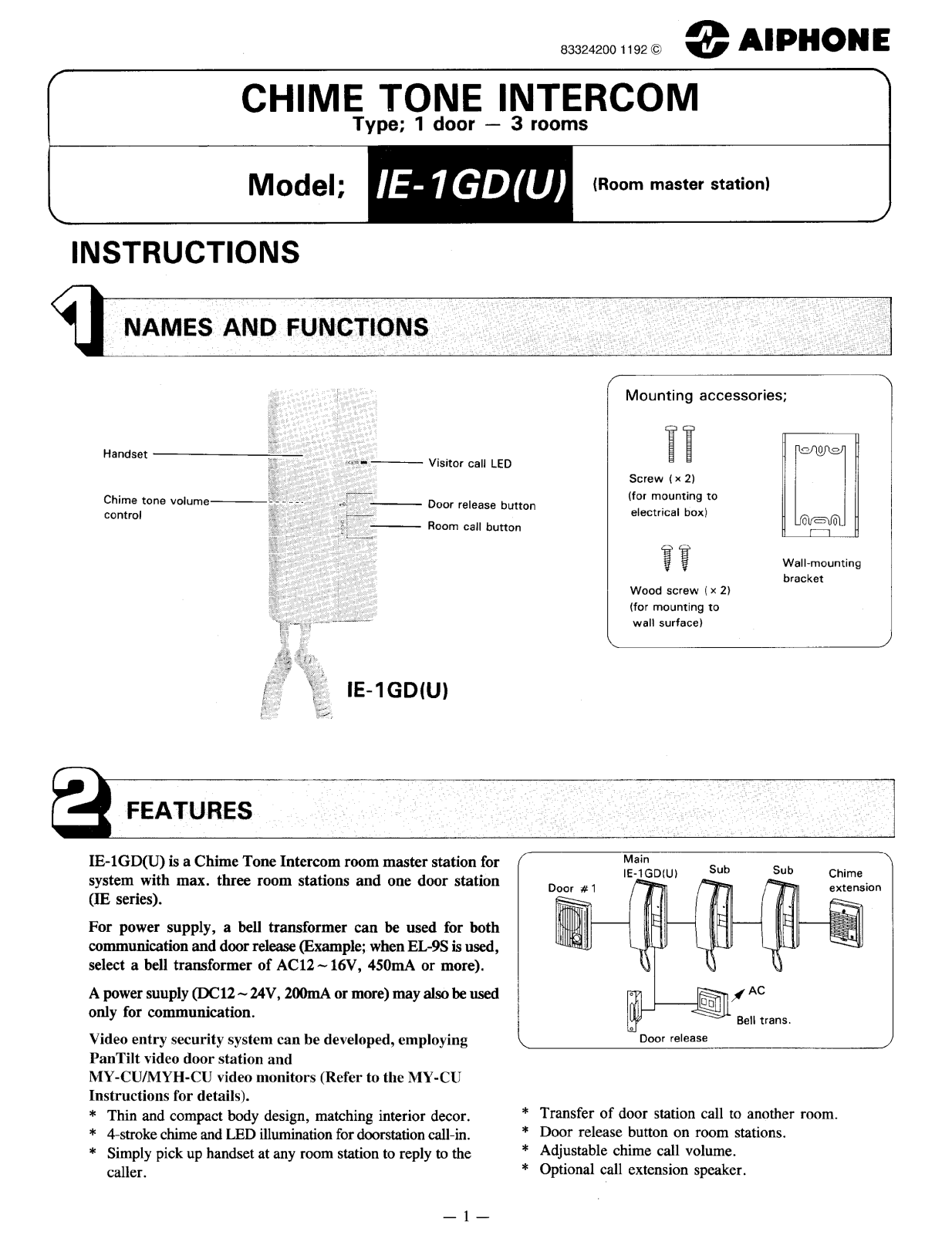 Aiphone IE-1GDU User Manual