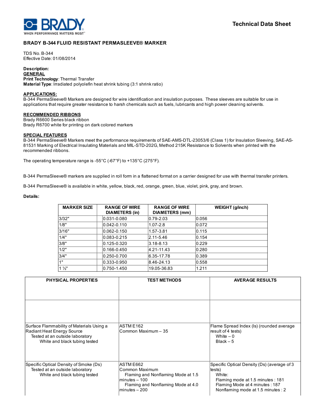 Brady B­344 Technical Data