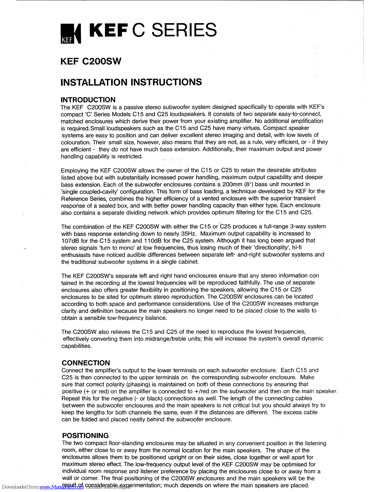 KEF C200SW Installation Instructions Manual