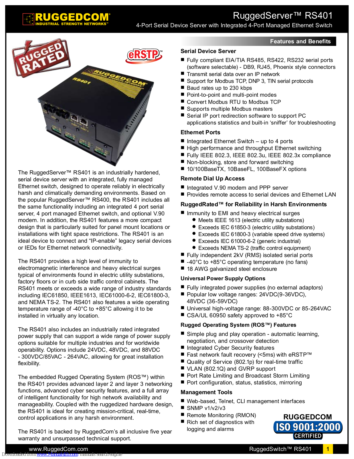 RuggedCom RuggedServer RS401 Specifications