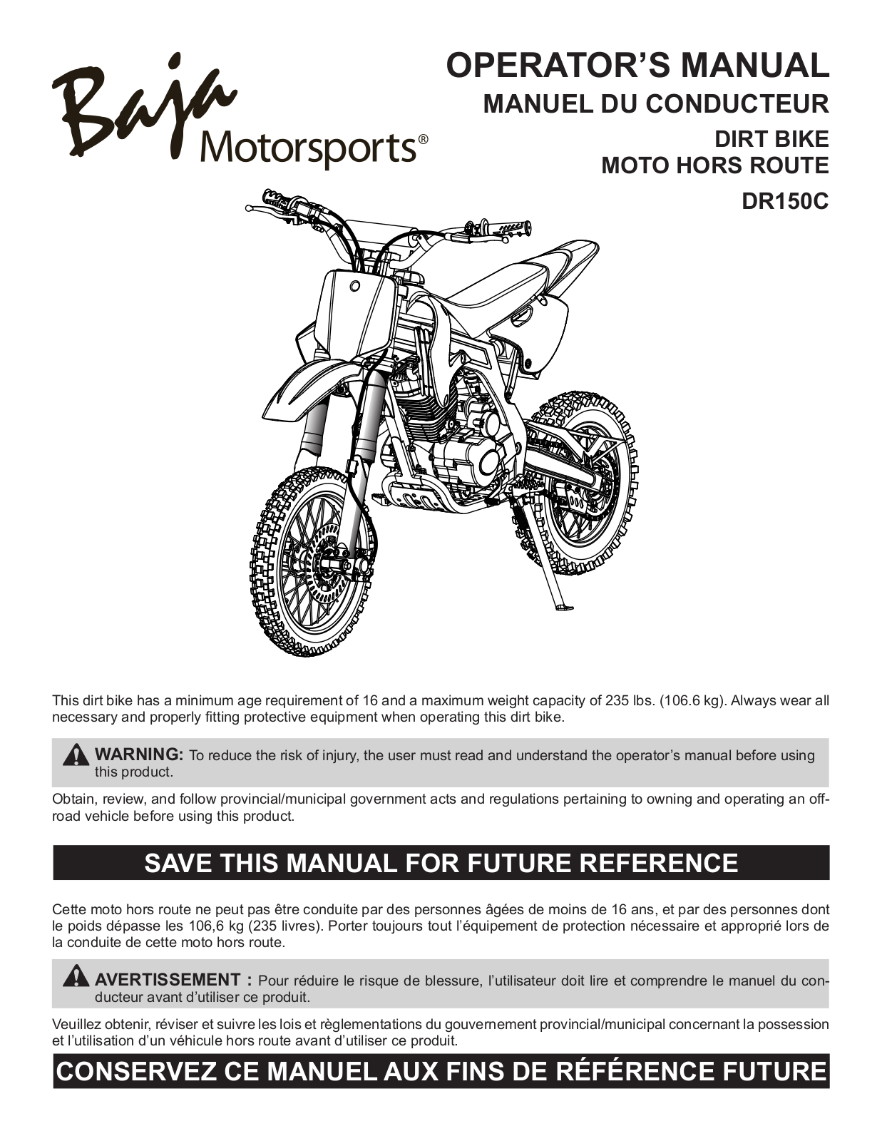 Bajaj DR150 C Dirt Bike Owner's manual