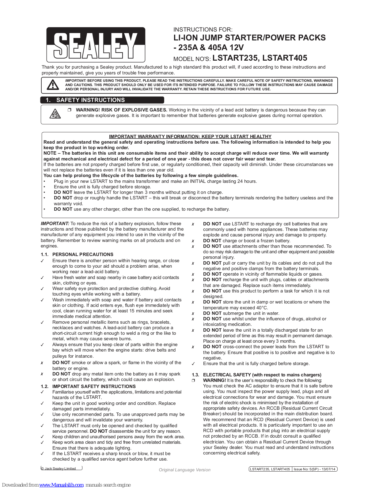 Sealey LSTART235,LSTART405 Instructions For Use Manual