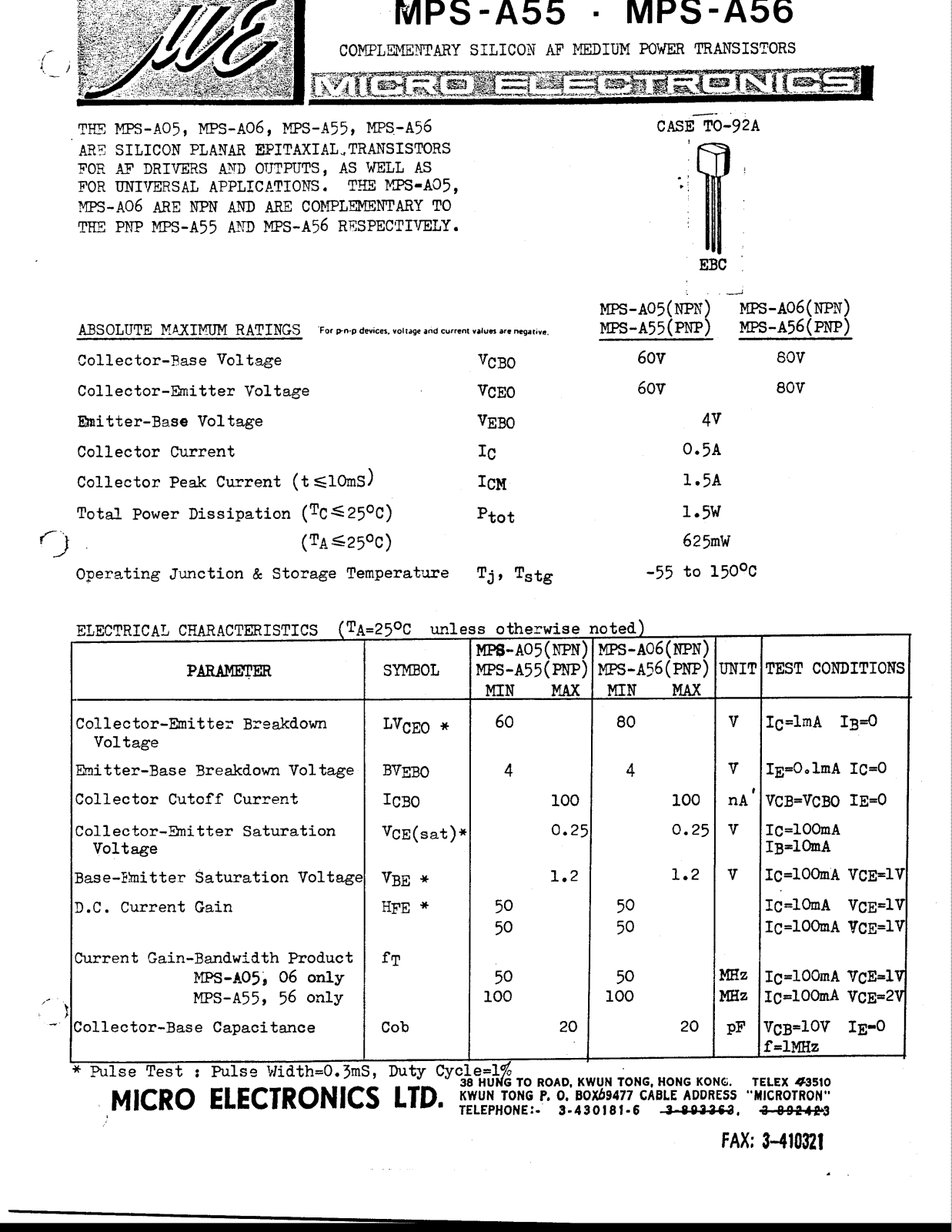 MICRO MPS-A56, MPS-A55 Datasheet