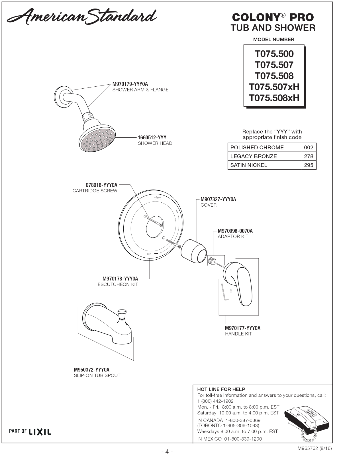 American Standard T075.508, T075.508XH, T075.507, T075.507XH, T075.500 Service manual