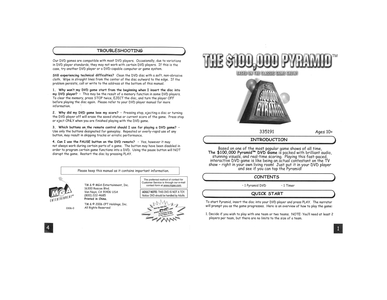 Mga Entertainment 100, 000 PYRAMID DVD GAME 1 4 User Manual