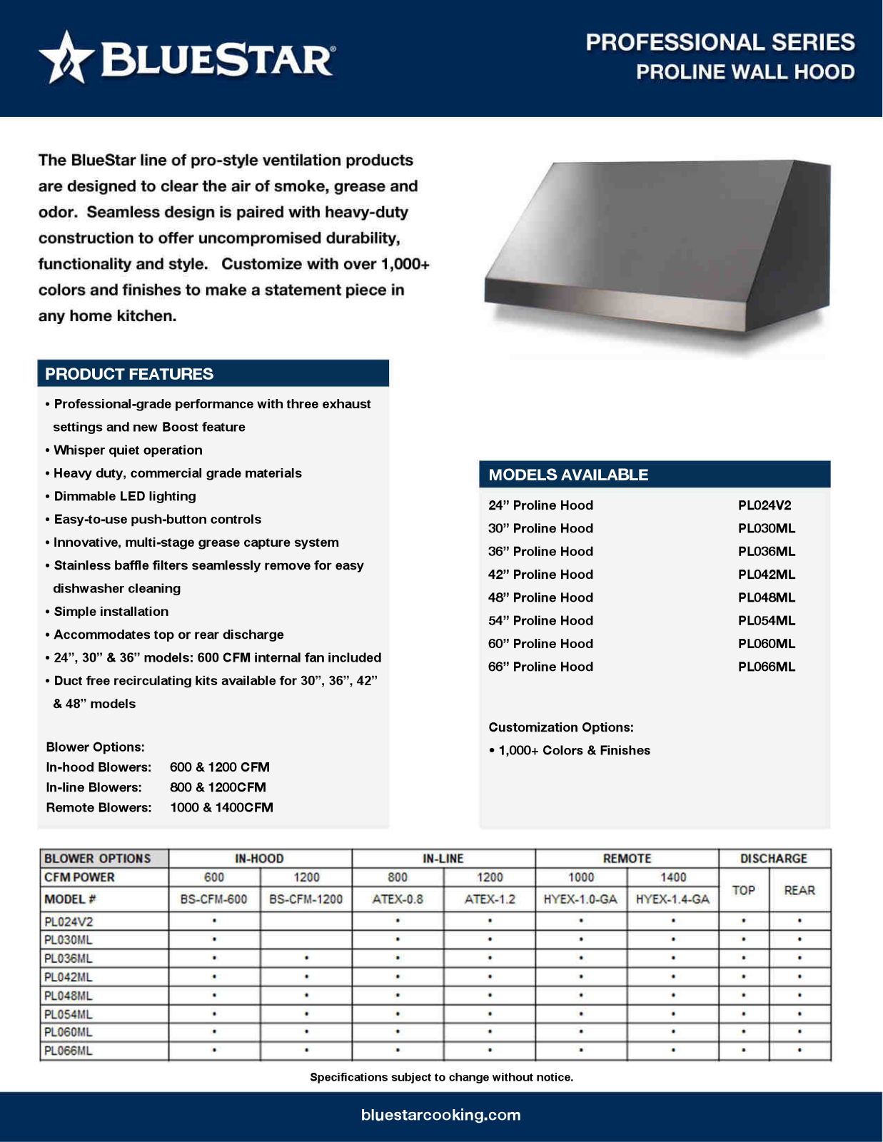 BlueStar PL 024 V2, PL 030 ML, PL 036 ML, PL 042 ML, PL 048 ML Specification Sheet