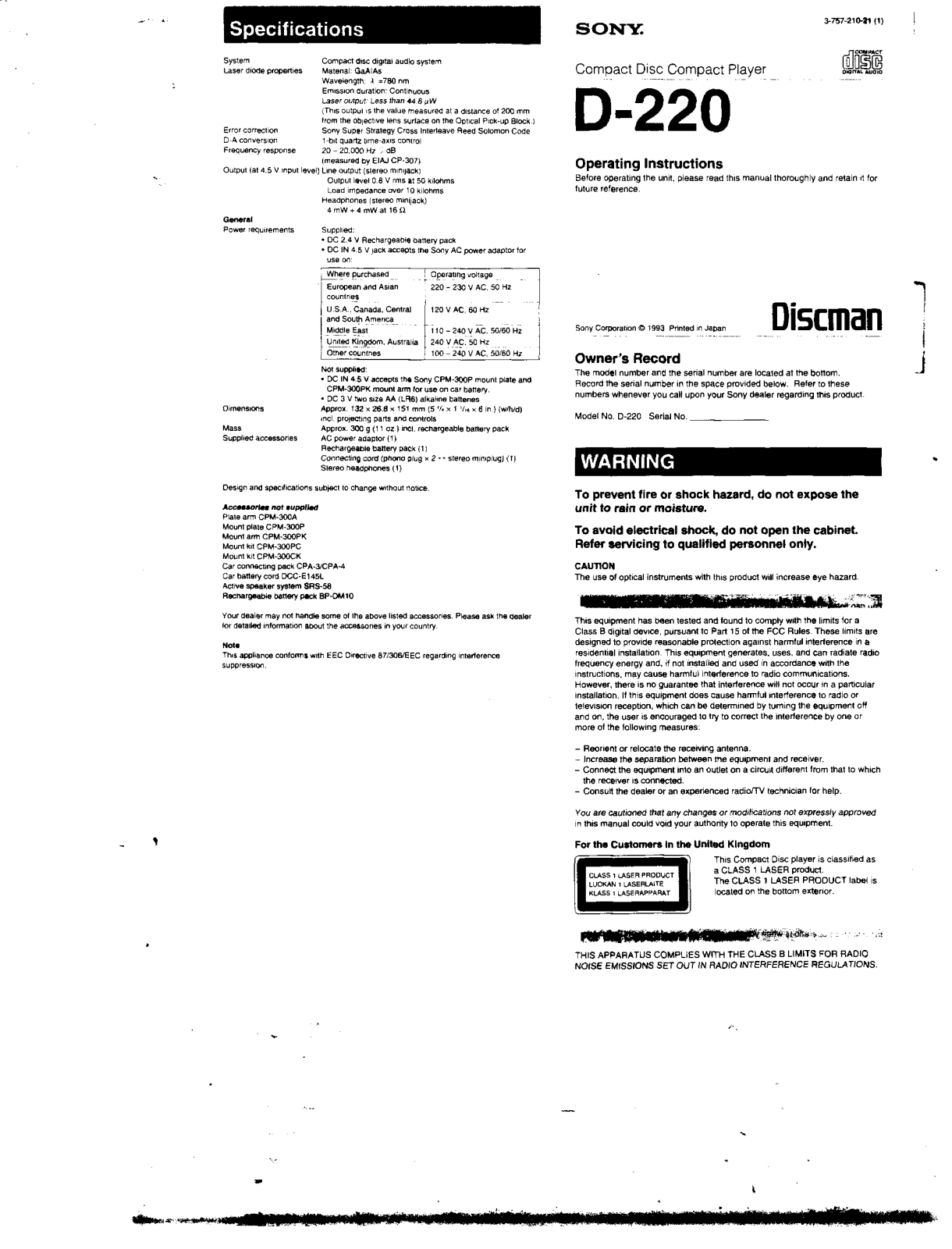 Sony D220 Operating Instructions