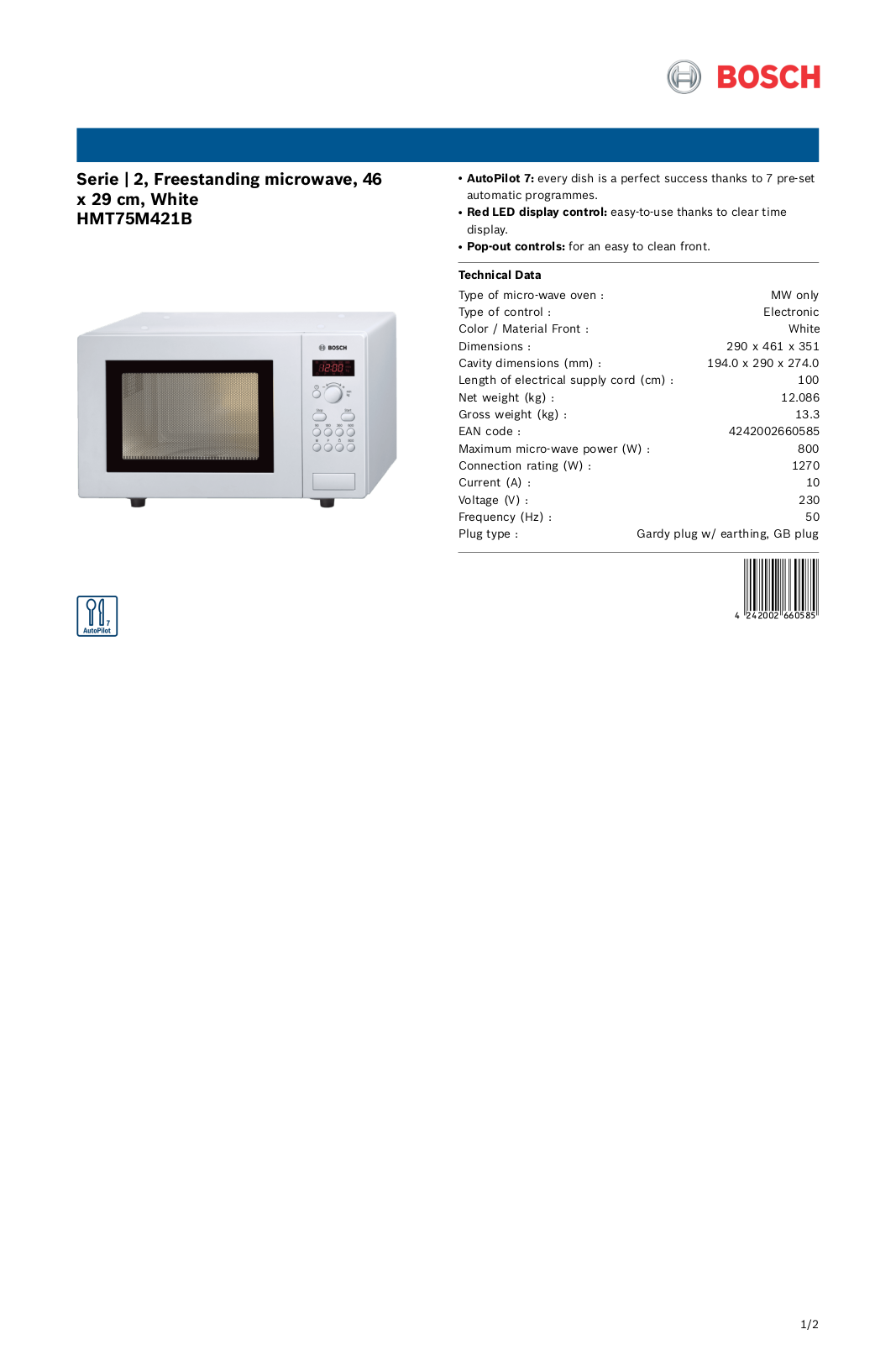 Bosch HMT75M421B Product spec sheet