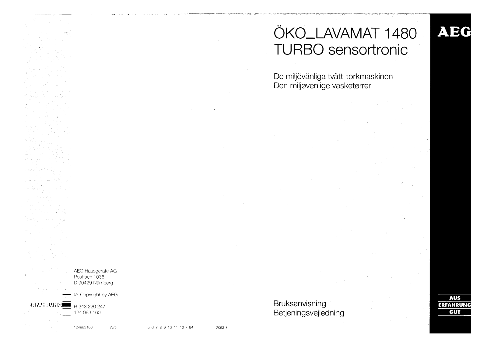 AEG LAVAMAT 1480 TURBO Sensortronic User Manual