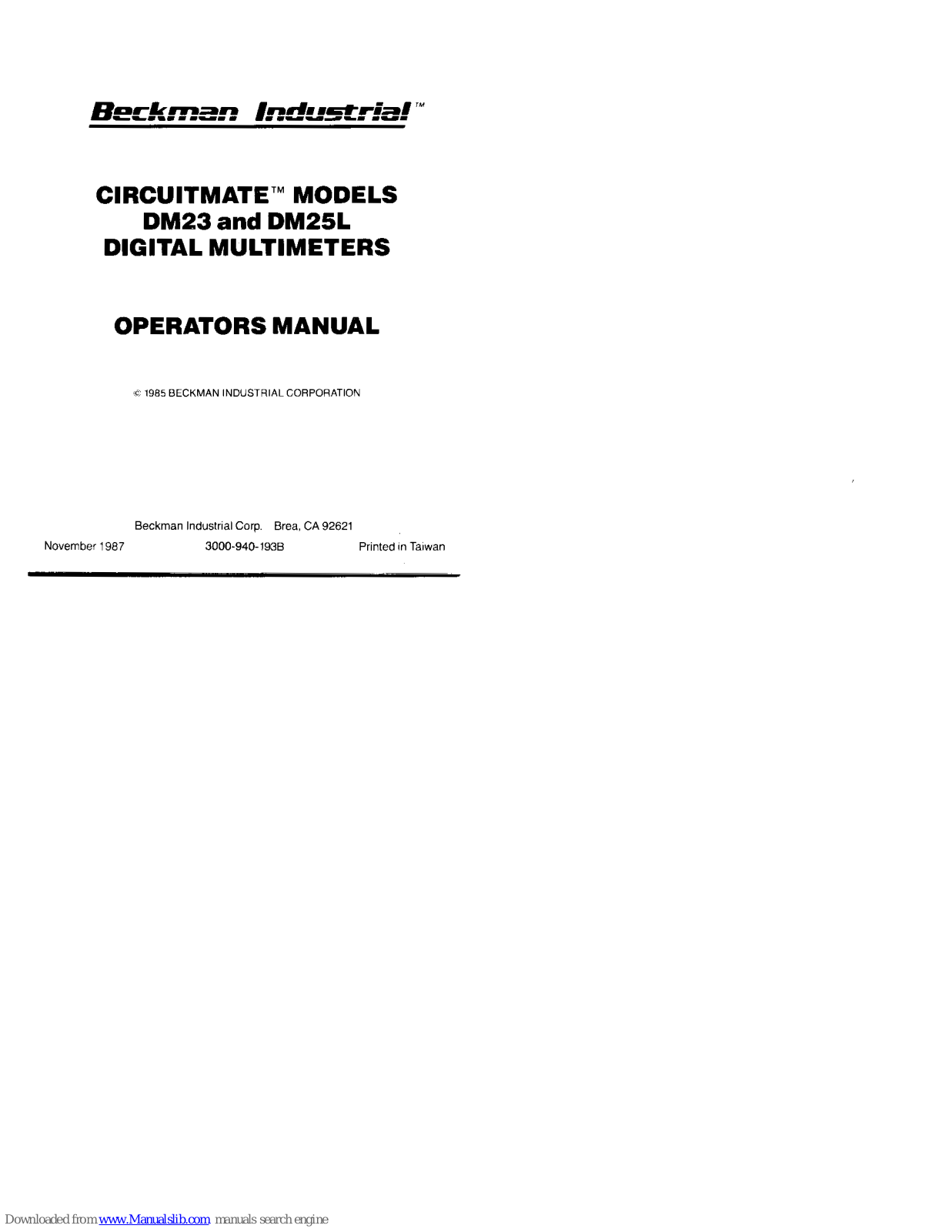 Beckman Industrial Circuitmate DM23, Circuitmate DM25L Operator's Manual