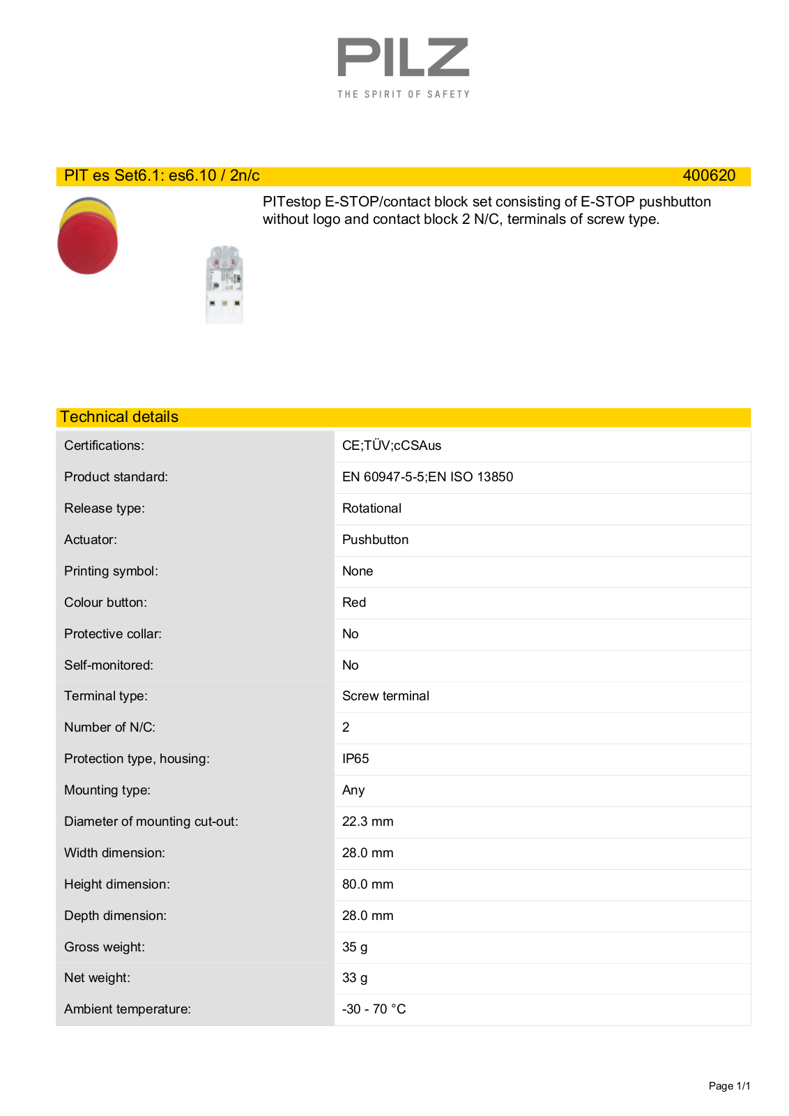 Pilz 400620 Data Sheet