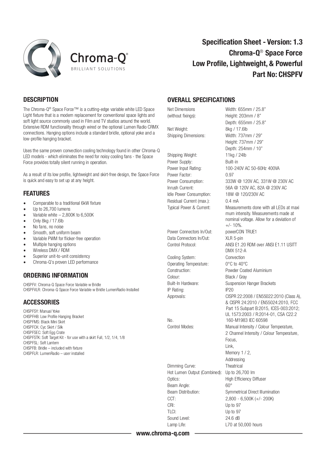 Chroma-Q Space Force Specifications