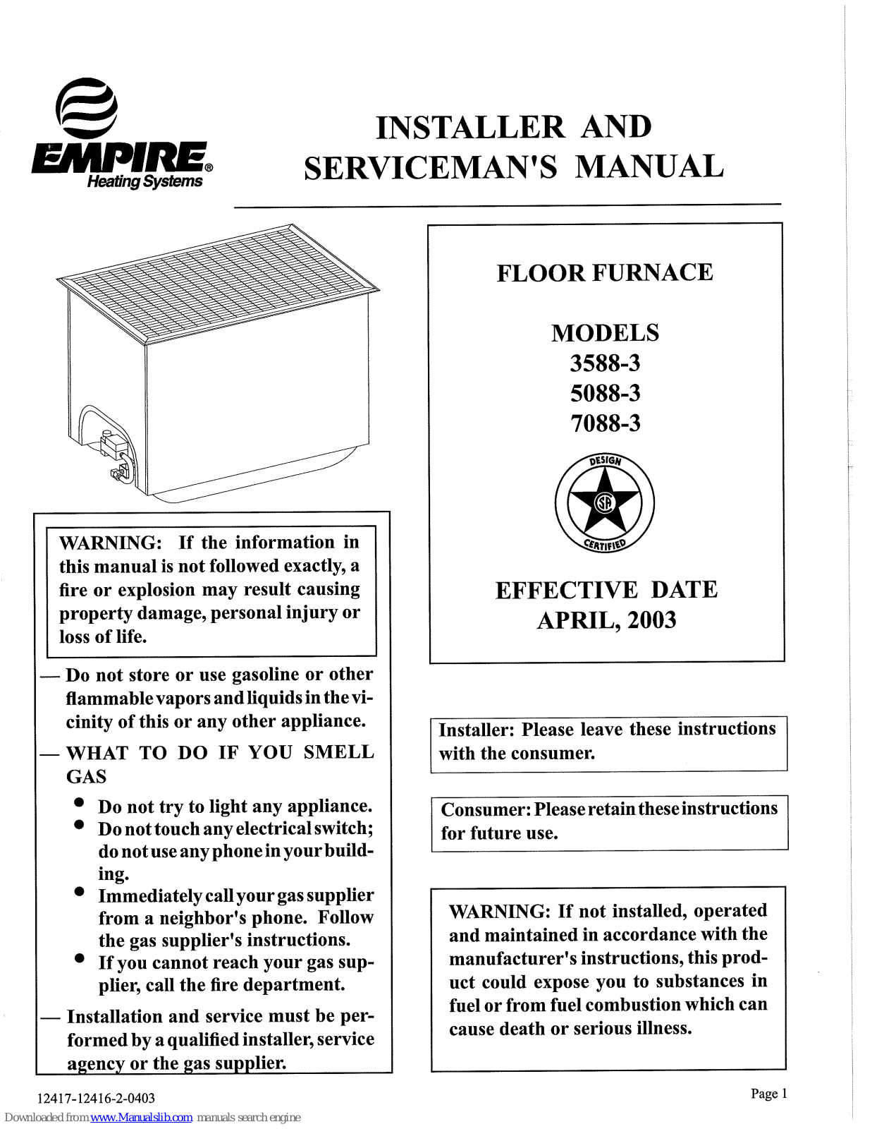 Empire Heating Systems 3588-3, 5088-3, 7088-3 Installer And Serviceman's Manual