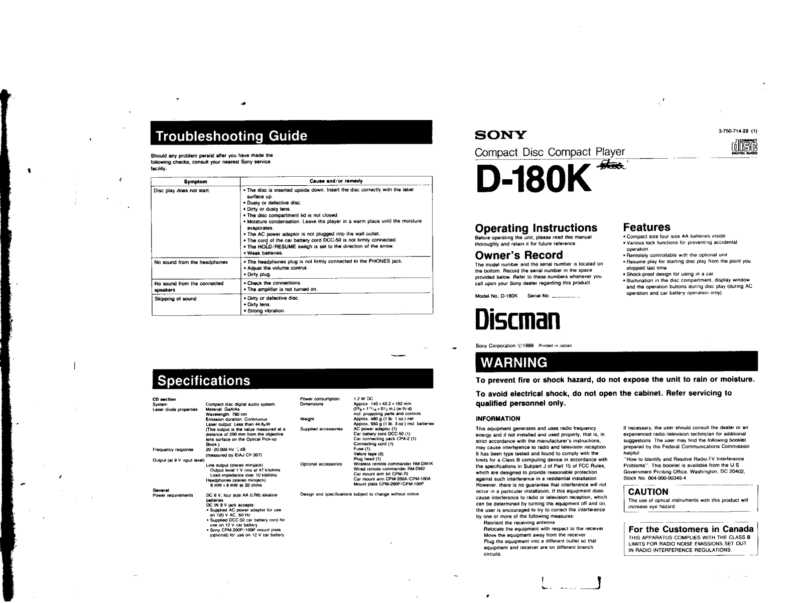 Sony D180K Operating Instructions