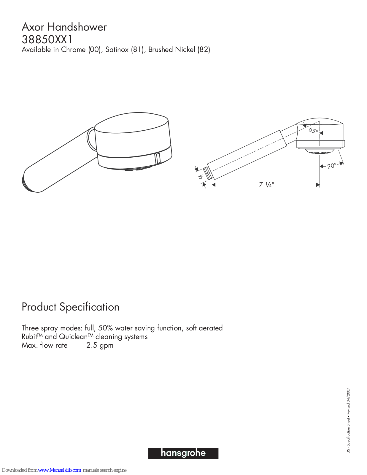 Axor 38850X001, 38850811, 38850821 Specification