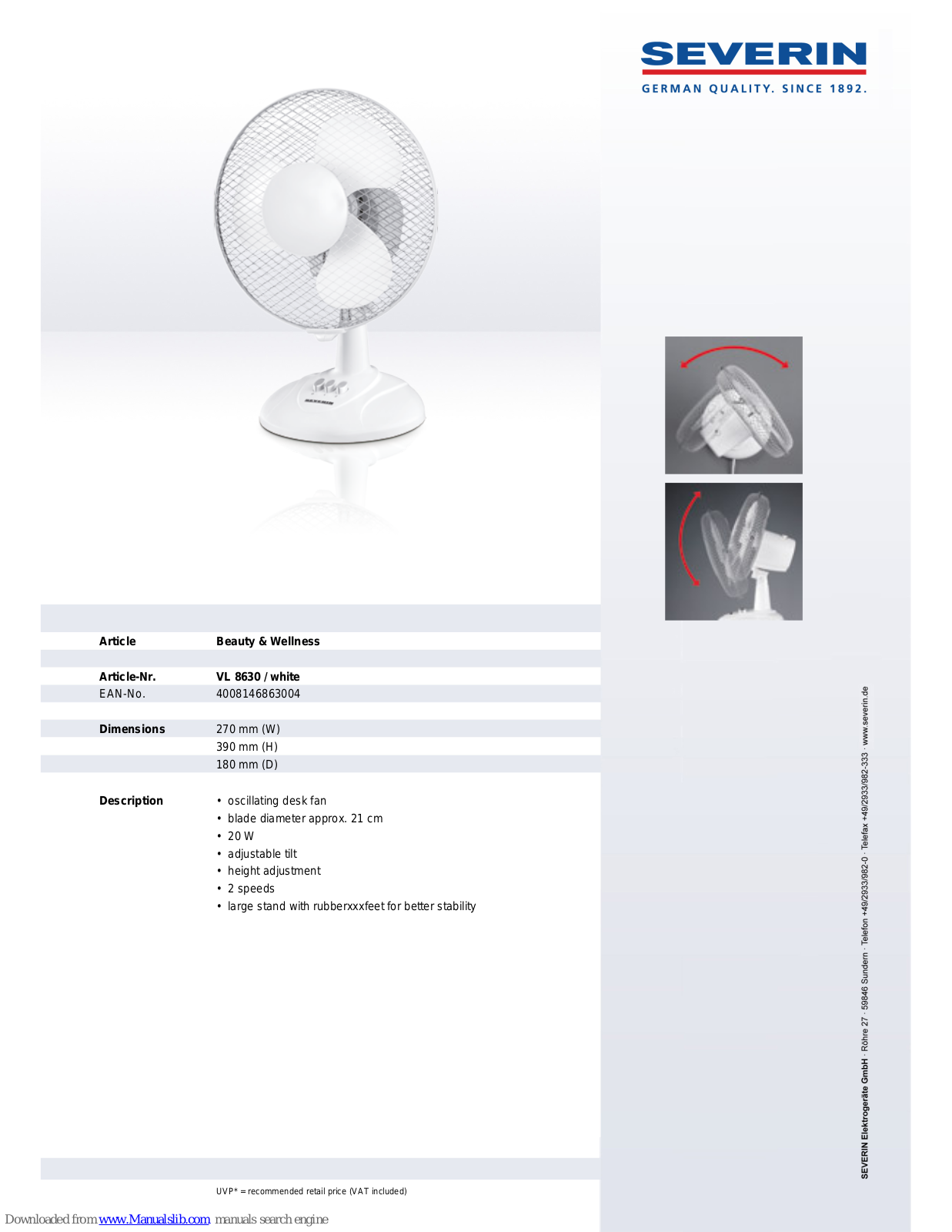 SEVERIN VL 8630,VL 8630 Dimensions