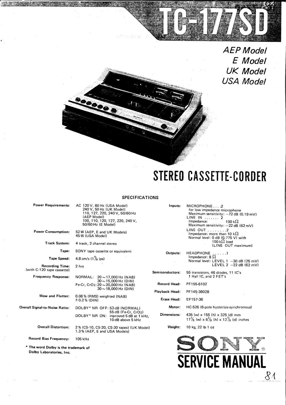 Sony TC-177-SD Service manual