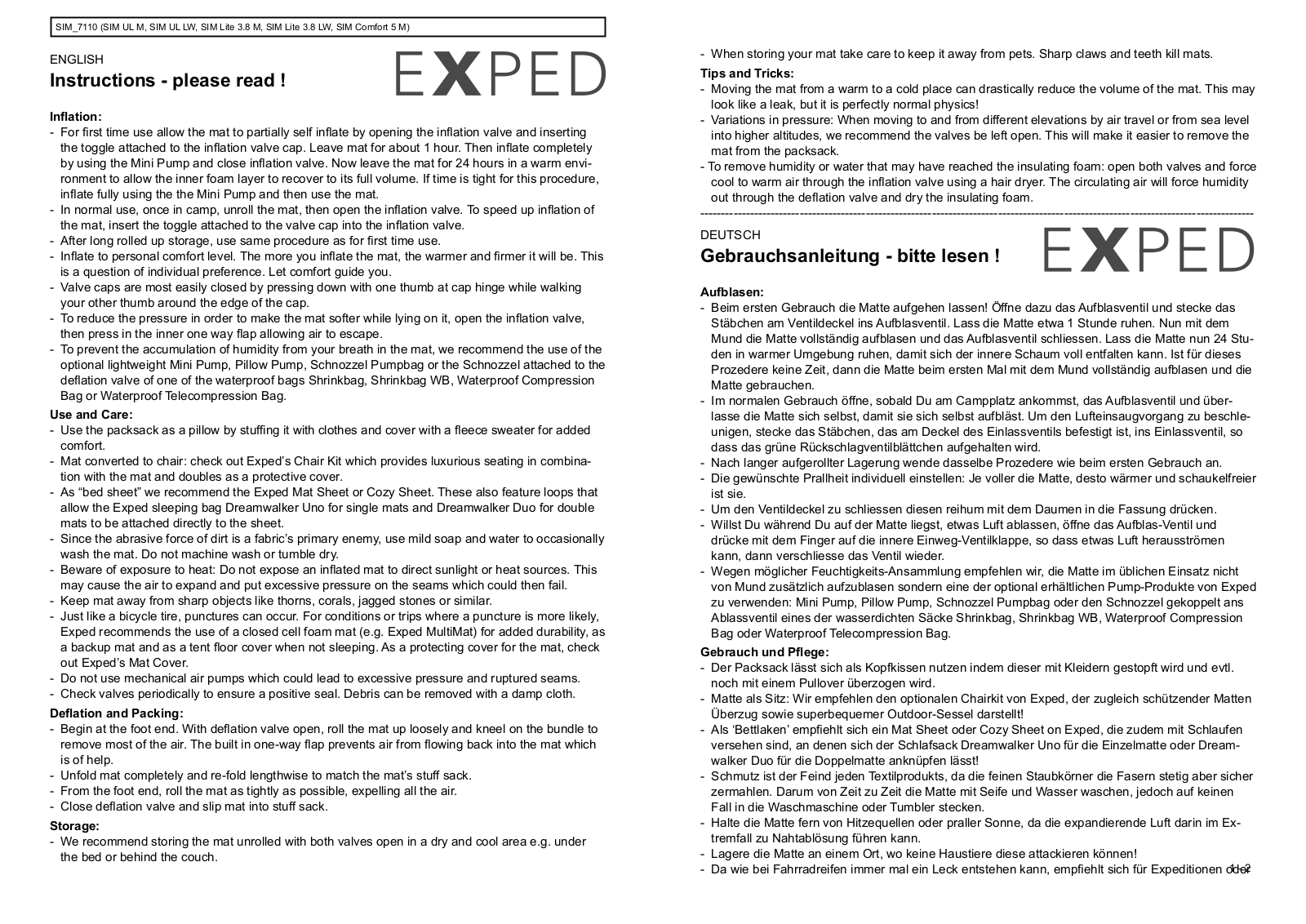 Exped SIM UL M, SIM UL LW, SIM Lite 3.8 LW, SIM Lite 3.8 M, SIM Comfort 5 M Instructions Manual - ManualMachine.com